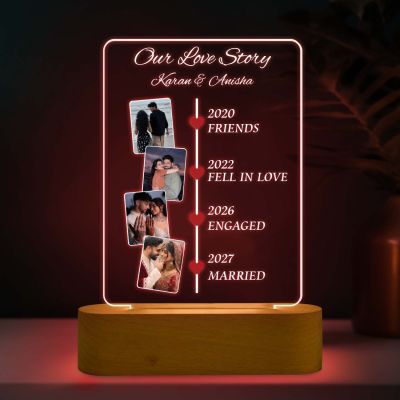 Personalized Our Love Story Couple Photo LED Lamp with Light & Wooden Stand Anniversary Gift for Husband Wife Birthday Gift Memorable Gift Item 7 Color Changing Light